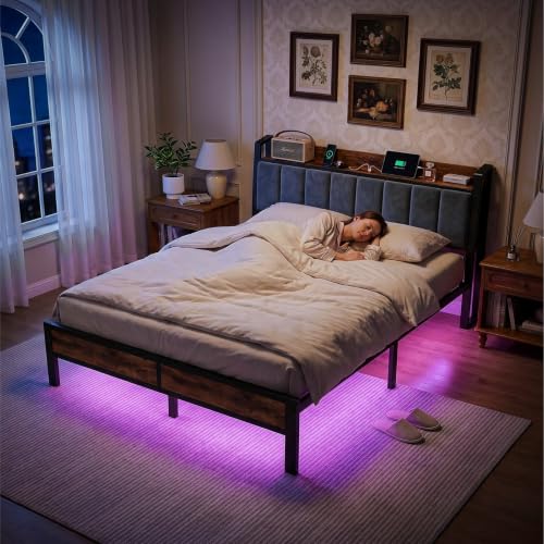 Queen Size Bed Frame with Storage Headboard, LED Lights