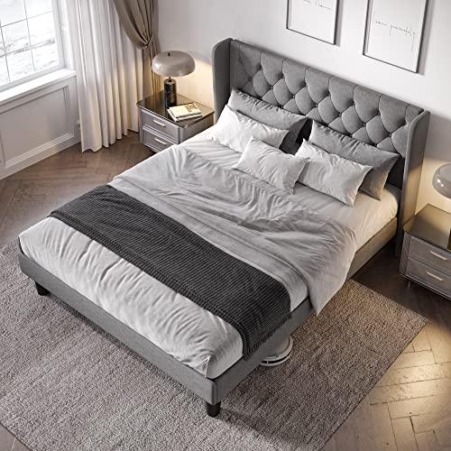 Queen Bed Frame with Button Tufted Wingback Headboard, Light Grey