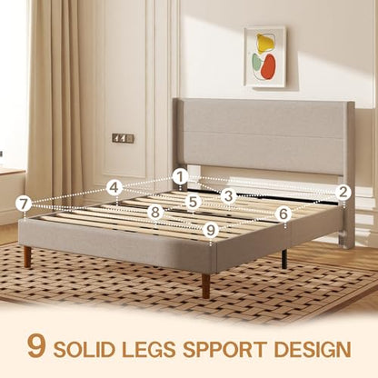 Queen Size Linen Platform Bed Frame with Wingback Upholstered Headboard