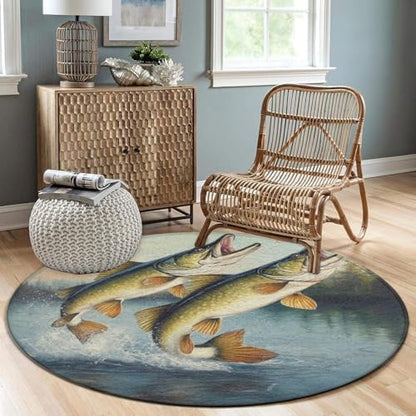 Home Decor Non Slip Kitchen Office Circle Rug, Machine Washable Modern Round Area Rug, Room Sofa Yoga Soft Round Carpet Two Bass Fish Jumping Out of Water Painting, 60inch