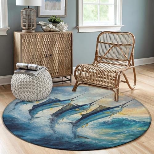 Highly Premium Quality Floor Mat, Office Chair Decor Mat, Room Sofa Yoga Soft Round Carpet Whimsical Fish Painting, 36inch