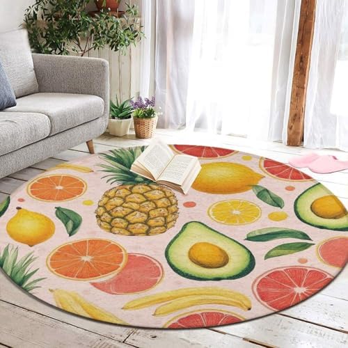 Large Round Area Rug Home Decor Modern Bathroom Rug Kitchen Office Circle Rug for Living Room Sofa Circle Cute Mat Avocado Nut Banana Pineapple Orange, 36inch