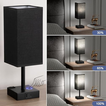 Set of 2 Black Table Lamp for Bedroom - Dimmable Touch, USB C+A, AC Outlet
