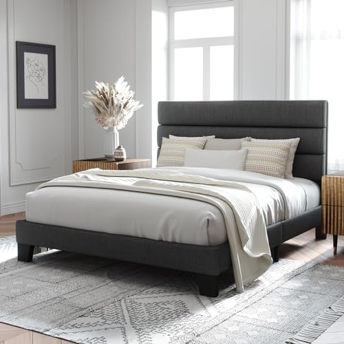 Full Size Platform Bed Frame with Fabric Upholstered Headboard Gray