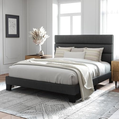 Full Size Platform Bed Frame with Fabric Upholstered Headboard Gray