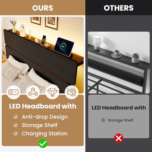 Queen Size Bed Frame, Led Light, Charging Station, Storage Shelf