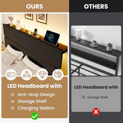 Queen Size Bed Frame, Led Light, Charging Station, Storage Shelf