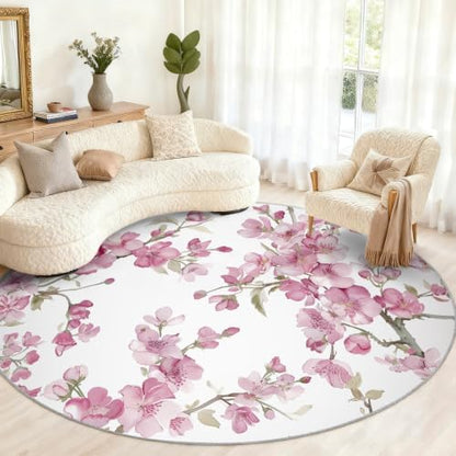 Floral Round Rug - 4ft Washable Abstract Floral Round Area Rug for Living Room, Modern Minimalist Circle Rugs Soft Non-Slip Carpet for Bedroom Kitchen Dining Table Decor Mat
