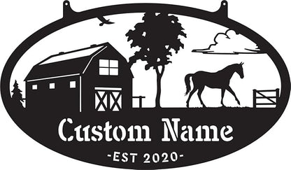 RealSteel Personalized Metal Farmhouse Sign - Custom Farm Scene Wall Art with Barn, Horse, Trees, and Fence - Custom Last Name & Established Date - Durable Outdoor Garden and Patio Decor
