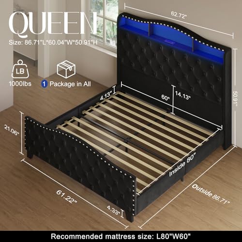 Queen Size Platform Bed Frame with 50.9" LED Headboard, Black