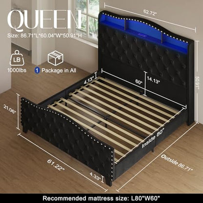 Queen Size Platform Bed Frame with 50.9" LED Headboard, Black