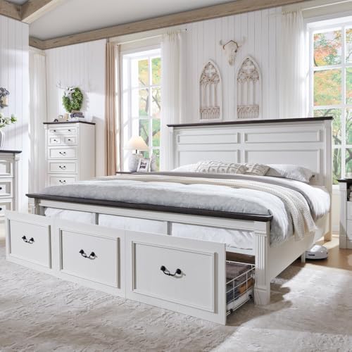 Farmhouse King Size Bed Frame w/51 Tall Headboard, Antique White