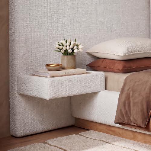 Queen Bed Frame, Upholstered Platform Bed Frame with Large Curved Headboard & 2 Floating Shelves, Noise-Free, No Box Spring Needed, Easy Assembly, Beige