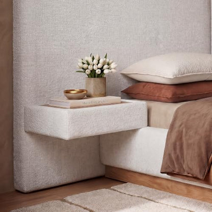 Queen Bed Frame, Upholstered Platform Bed Frame with Large Curved Headboard & 2 Floating Shelves, Noise-Free, No Box Spring Needed, Easy Assembly, Beige