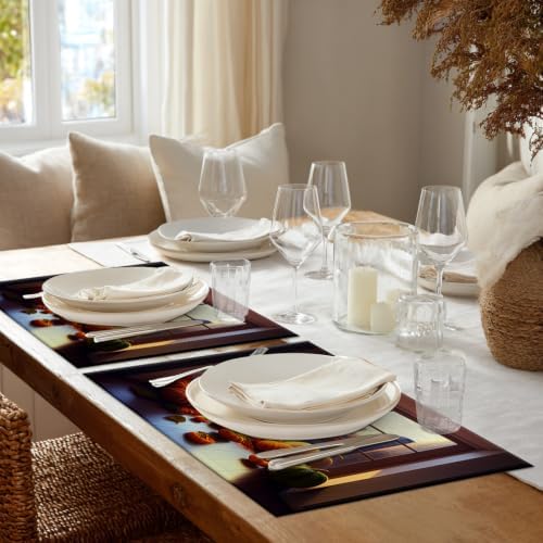Shrahala Happy Thanksgiving Day Set of 8 12 X 18 Inch Linen Placemats, Pumpkins Floor-to-Ceiling Windows Harvest Burlap Table Mat Washable Double Layered Heat Insulation for Indoor