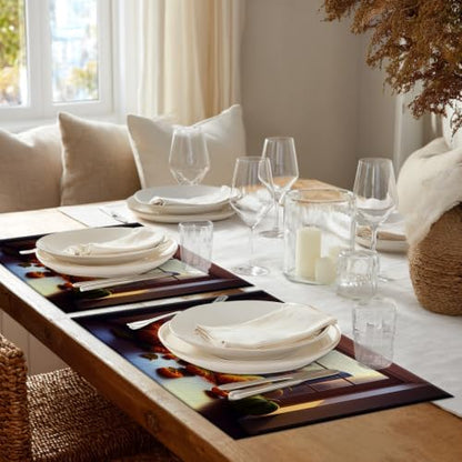 Shrahala Happy Thanksgiving Day Set of 8 12 X 18 Inch Linen Placemats, Pumpkins Floor-to-Ceiling Windows Harvest Burlap Table Mat Washable Double Layered Heat Insulation for Indoor