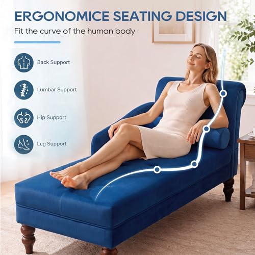 Chaise Lounge Chair Indoor with Right Armrest, Velvet, Blue