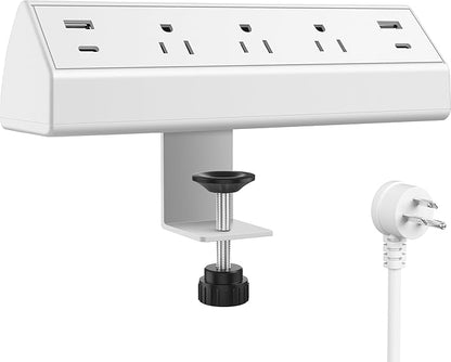 Desk Clamp Power Strip,40W Fast Charging Station,Desktop Mount Surge Protector,2 PD 20W USB C Ports,3 Outlets for Home,Office,Fit 1.9" Tabletop Edge (White, 3 Outlets & 4 USB Ports & 25 FT Cable)