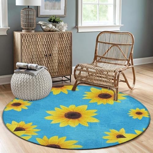 Large Machine Washable Circular Rugs, Home Decor Round Mat for Living Room Sofa Office Sunflower