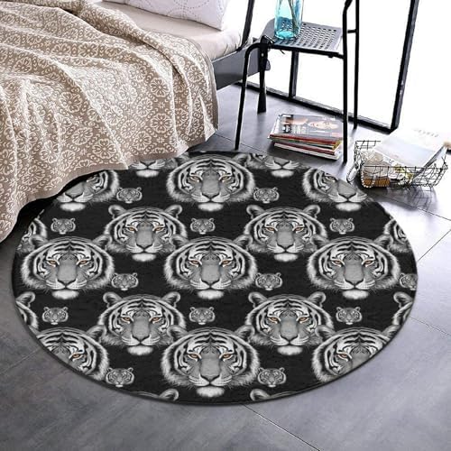 Large Machine Washable Circular Rugs, Home Decor Round Mat for Living Room Sofa Office Animal Tiger Black, 60inch