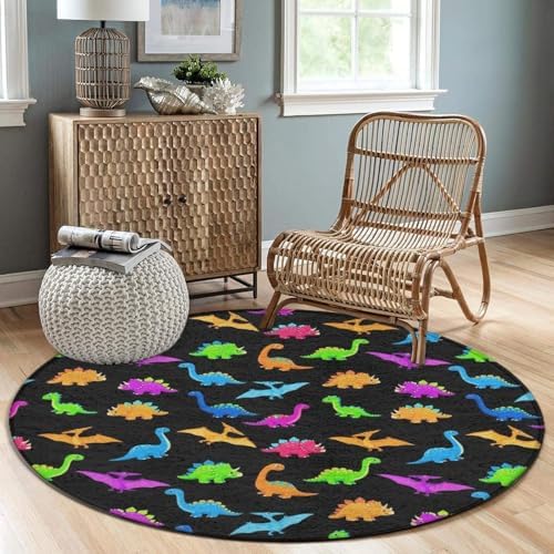 Large Machine Washable Circular Rugs, Home Decor Round Mat for Living Room Sofa Office Cute Dinosaurs, 36inch