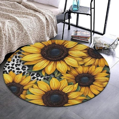 Large Round Area Rug Home Decor Modern Bathroom Rug Kitchen Office Circle Rug for Living Room Sofa Circle Cute Mat 80s Vintage Cow Print Sunflowers, 36inch