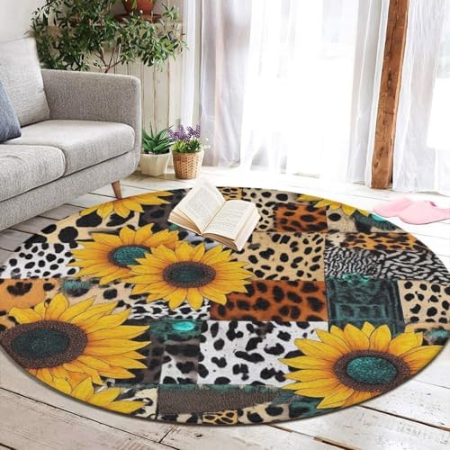Machine Washable Modern Round Area Rug, Room Sofa Yoga Soft Round Carpet, Home Decor Non Slip Kitchen Office Circle Rug Retro Sunflowers Animal Leopard Print Art, 24inch
