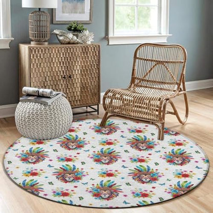 Large Home Decor Mat, Soft Round Yoga Carpet, Non Slip Machine Washable Home Office Circle Rug Colorful Lion Flowers Floral White Art, 36inch