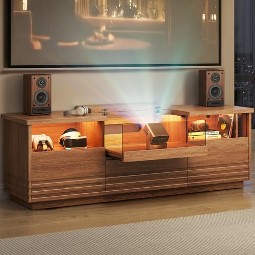 Fluted TV Stand with LED, Mid-Century Modern TV Cabinet, Brown