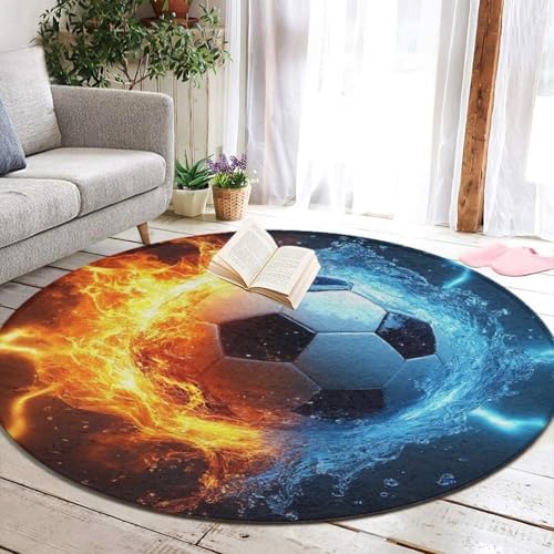Fashion Round Area Rug Large Non Slip Carpet Unisex Home Decor Mat Water Fire Flame Football Soccer Ball Sport