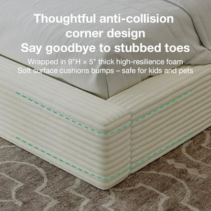 King Size Bed Frame, Plush CloudSoft Bed, Corduroy Upholstered Platform Bed Frame with Headboard, Easy Assembly, No Box Spring Needed, Modern Soft Bed Frame, White