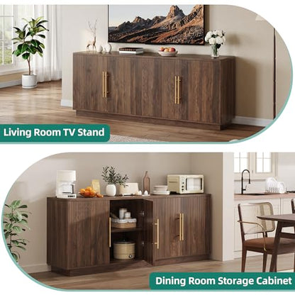 70" TV Stand for up to 80" TVs with 4 Fluted Doors, Natural Oak