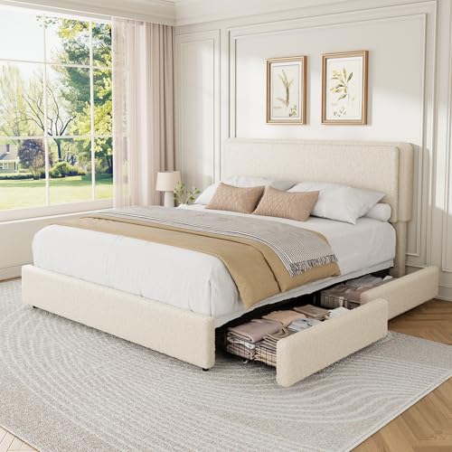 Queen Size Bed Frame with 2 Storage Drawer, Cream Beige
