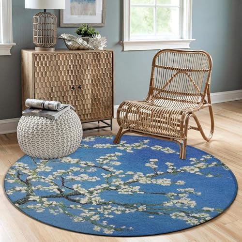 Home Decor Non Slip Kitchen Office Circle Rug, Machine Washable Modern Round Area Rug, Room Sofa Yoga Soft Round Carpet Beautiful Apricot Flower Blossom Art, 60inch