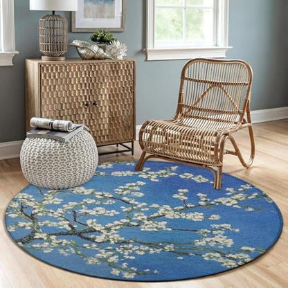 Home Decor Non Slip Kitchen Office Circle Rug, Machine Washable Modern Round Area Rug, Room Sofa Yoga Soft Round Carpet Beautiful Apricot Flower Blossom Art, 60inch