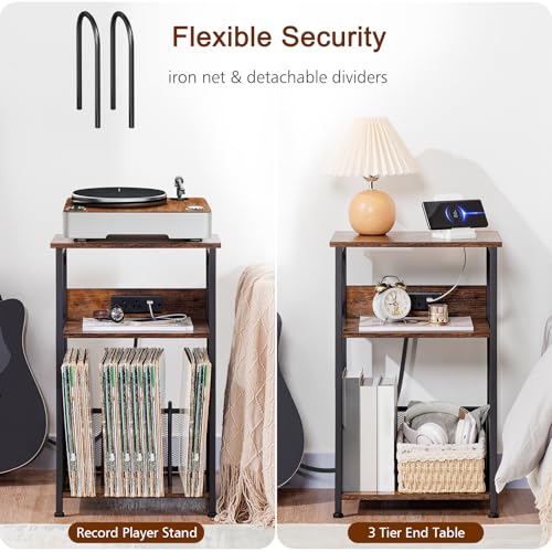 Record Player Stand with Charging Station, Vinyl Record Storage