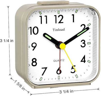 Tinload Small Battery Operated Analog Travel Alarm Clock Silent Non Ticking,Gentle Wake, Ascending Beep Sounds, Snooze,Lighted on Demand,Easy Set(Gold)
