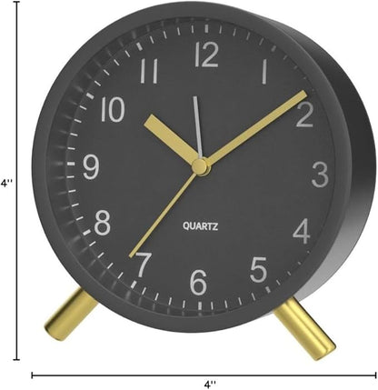 Analog Alarm Clock, 4 inch Super Silent Non Ticking Small Clock with Night Light, Battery Operated, Simple Design, easy setting for Office, Bedroom, Bedside, Desk, teens, elders, kids, adult, Black