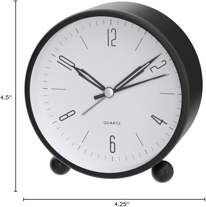Analog Alarm Clock, 4 inch Super Silent Non Ticking Small Clock with Night Light, Battery Operated, Simple Design, Old Fashioned Style Black Decor, for Bedroom, Bedside, Desk, Adult, Kid, Gift, Black