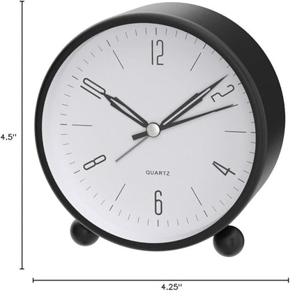 Analog Alarm Clock, 4 inch Super Silent Non Ticking Small Clock with Night Light, Battery Operated, Simple Design, Old Fashioned Style Black Decor, for Bedroom, Bedside, Desk, Adult, Kid, Gift, Black