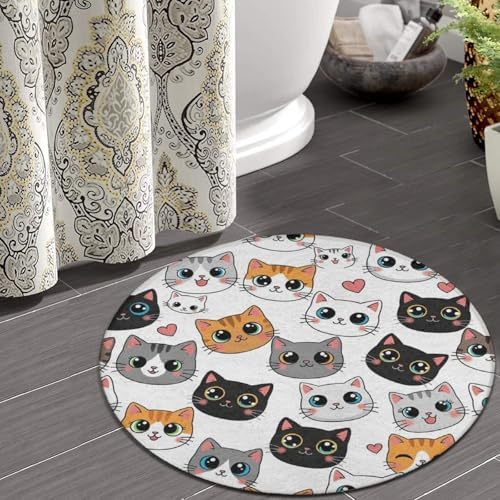 Fashion Round Area Rug Large Non Slip Carpet, Cute Cat Kitten Head Cartoon Cats Unisex Home Decor Mat, 60inch