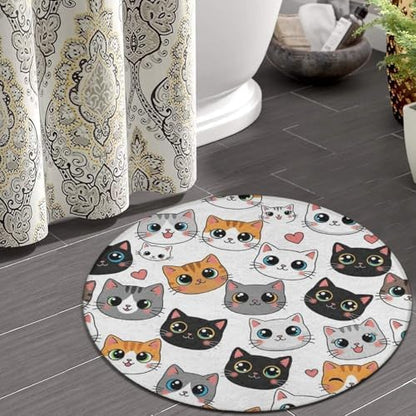 Fashion Round Area Rug Large Non Slip Carpet, Cute Cat Kitten Head Cartoon Cats Unisex Home Decor Mat, 60inch
