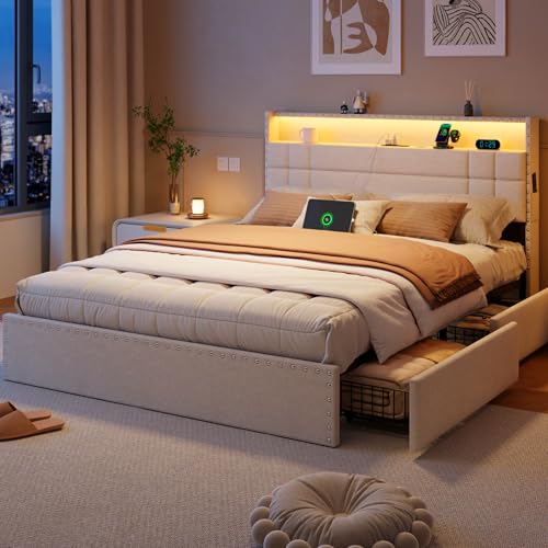 Queen Bed Frame with 4 Drawers & Storage Headboard, Beige