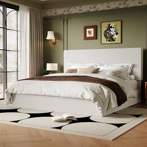 King Bed Frame, Adjustable Corduroy Headboard, Platform, White
