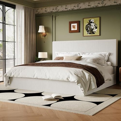 King Bed Frame, Adjustable Corduroy Headboard, Platform, White