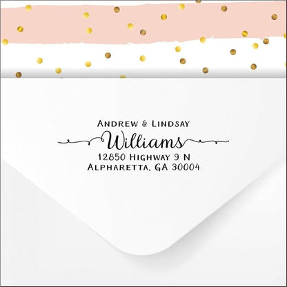 PrettySweetParty Self Inking Return Address Stamp - Custom 4 Line Personalized Address Stamp for Envelopes, Wedding Invitations, Business, Mailing Labels (Williams Curly Tails)