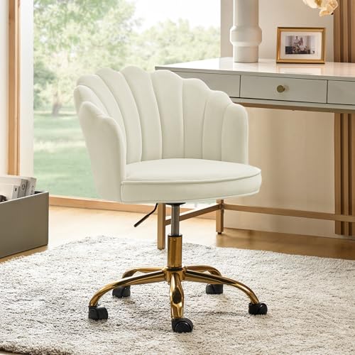 Velvet Home Office Desk Chair with Gold Base, Ivory