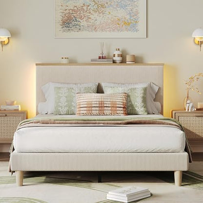 Queen Bed Frame with Storage Headboard & LED, Upholstered, Beige
