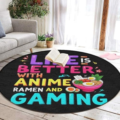 Women's Large Home Decor Mat, Soft Round Yoga Carpet, Non Slip Machine Washable Home Office Circle Rug Life is Better with Anime Ramen Gaming
