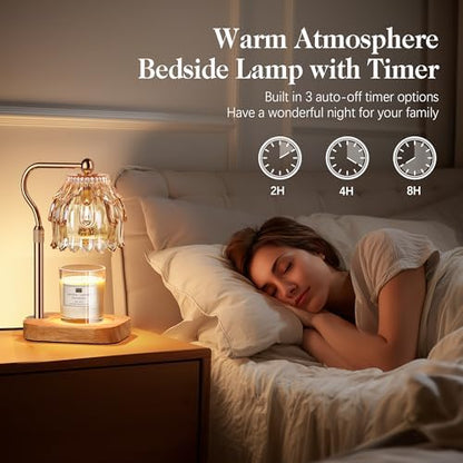 Candle Warmer Lamp with Timer Dimmer, Modern Wax Warmer for Scented Wax Jar Candle Warmer with 2 Bulbs, Adjustable Height Glass Lamp for Gifts for Women, Home Decor, Gold Amber